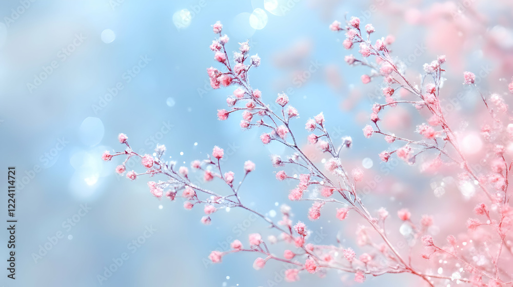 Winter, frost-covered branches, pastel sky, bokeh background, seasonal greeting card Winter, frost-covered branches, pastel sky, bokeh background, seasonal greeting card