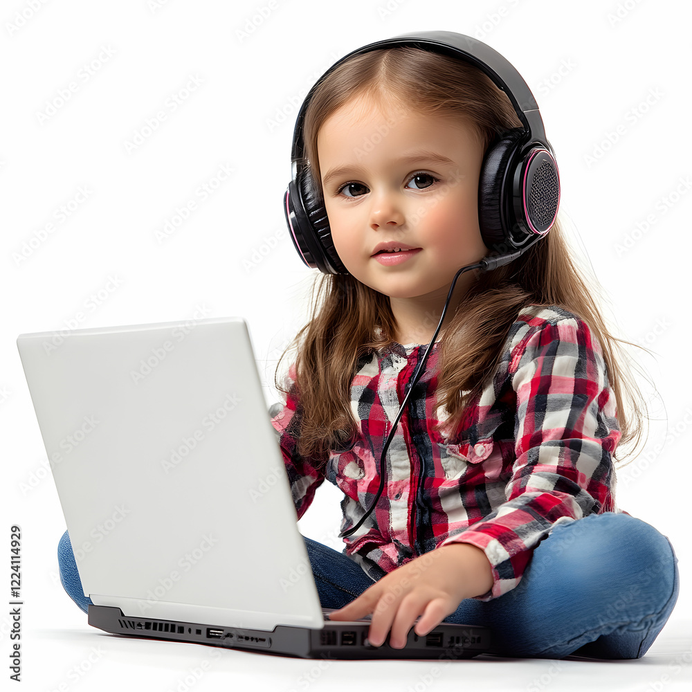 A cute little girl wearing headphones, focused and sitting in front of a laptop on a white background A cute little girl wearing headphones, focused and sitting in front of a laptop on a white background