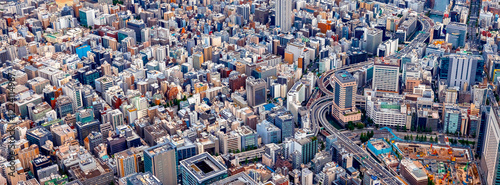 Photography Aerial view of skyscrapers and expressways in Chuo City, Tokyo, Japan