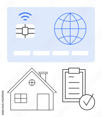 Smart chip card, globe, house icon, and checklist with a check mark symbolize digital payments, global trade, real estate, task management, modern systems. Ideal for fintech property technology