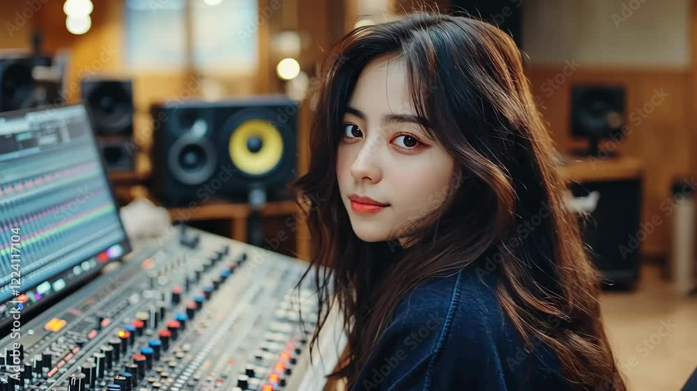 Young woman working at a sound studio, focused on music production and audio mixing, surrounded by equipment and speakers Young woman working at a sound studio, focused on music production and audio mixing, surrounded by equipment and speakers