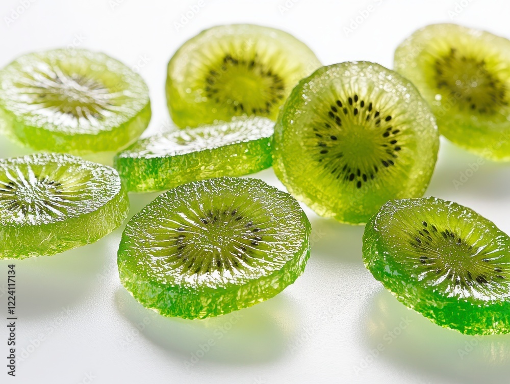 Bright Green Kiwi Dessert Slices Arranged on White Background Bright Green Kiwi Dessert Slices Arranged on White Background