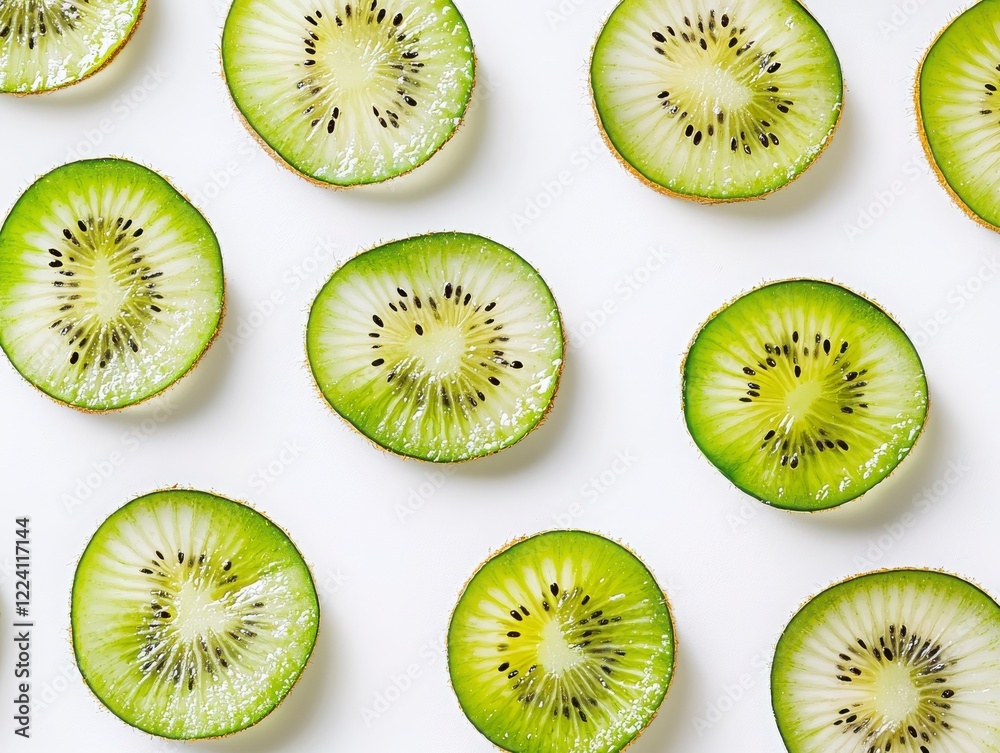 Fototapeta premium Fresh Kiwi Fruit Slices Arranged on a White Background
