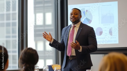 A consultant presents a business pitch to investors in a sleek meeting room, with a large screen displaying business charts and data.