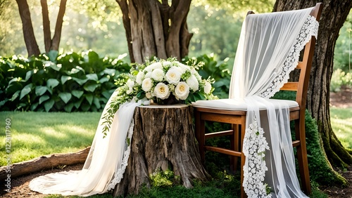 Elegant wedding scene featuring a white floral arrangement on a tree stump, next to a wooden chair draped with a lace veil, in a lush green garden.