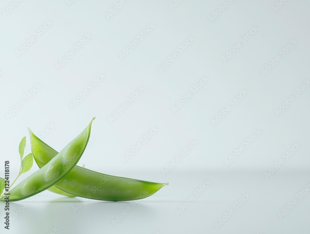 Fototapeta premium Fresh Green Pea Pods with Leaves on Minimalist Background