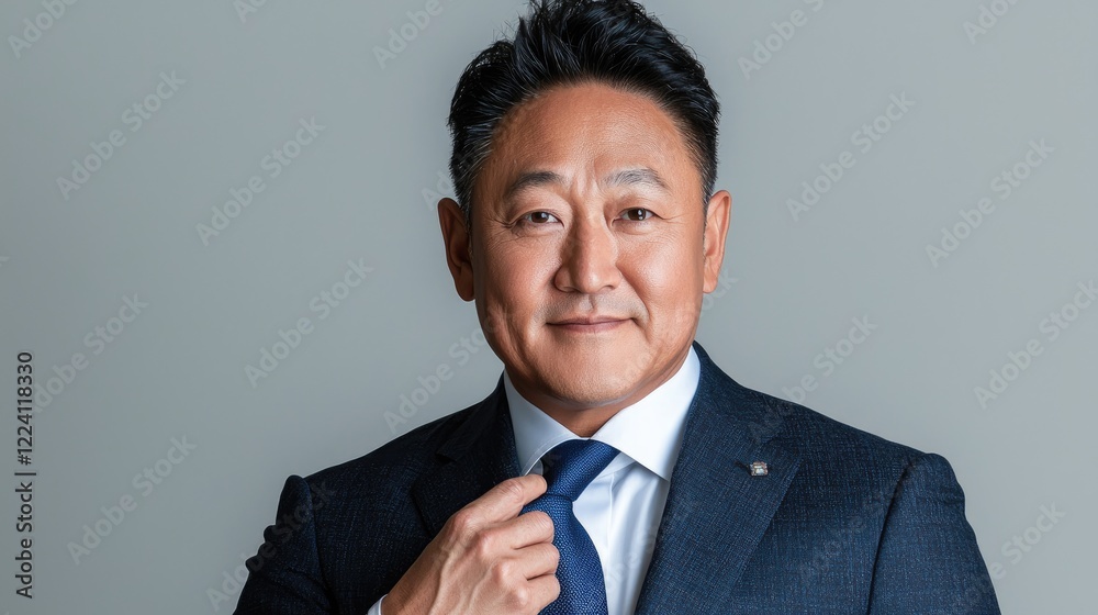 Confident businessman adjusting tie, studio portrait Confident businessman adjusting tie, studio portrait