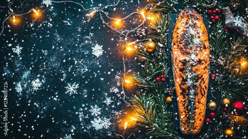 Festive Baked Salmon, Christmas Lights, Snow, Dark Background, Holiday Recipe photo