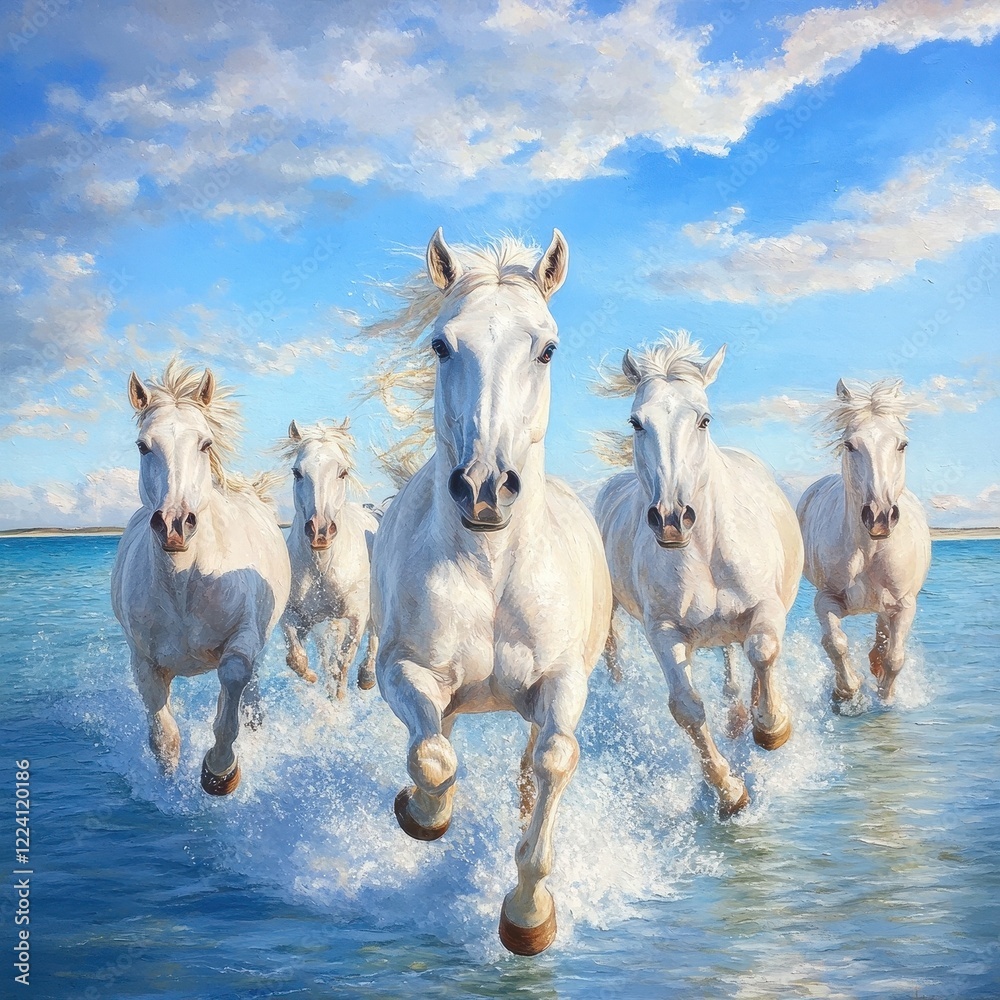 Obraz premium White horses galloping through clear water under a bright blue sky.