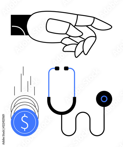 Hand making a gesture, stethoscope as healthcare symbol, three blue coins with dollar sign falling. Ideal for financial planning, healthcare, medical expenses, investment in health, insurance