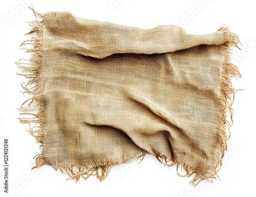 Wrinkled, frayed burlap fabric swatch isolated on white.
