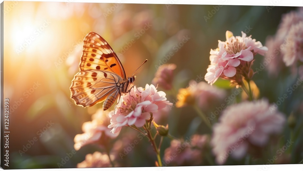 Obraz premium A delicate butterfly with light blue wings rests on a cluster of small white flowers,