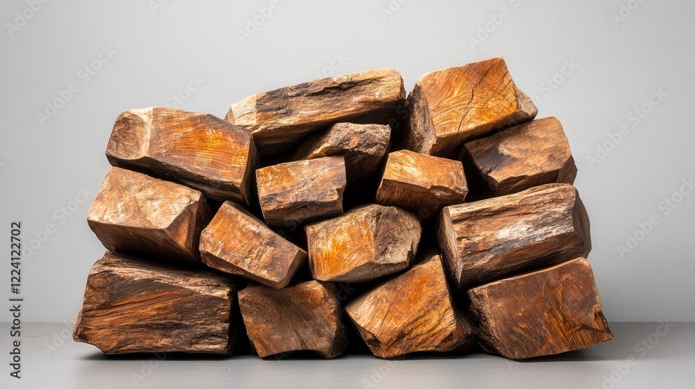 Rustic Stack of Brown Textured Wooden Logs on Grey Background for Design Purposes Rustic Stack of Brown Textured Wooden Logs on Grey Background for Design Purposes