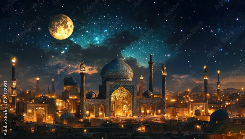 Fototapeta premium Majestic Mosque illuminated under a starry night sky with a full moon above a city