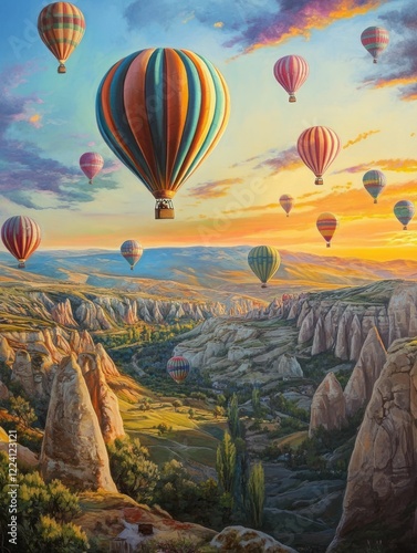 Colorful hot air balloons floating over a picturesque canyon at sunset creating an idyllic scenic view