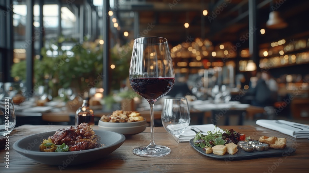 Naklejka premium Elegant wine glass with gourmet food in stylish restaurant setting with soft lighting