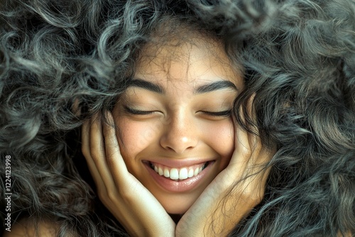 Commercial promotion visual idea. Long haircut - curly hair. Gorgeous happy mixed-race girl - for ads, media and digital use. Vibrant hair trends inspiration. Black girl fashion inspiration.