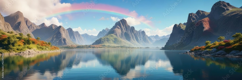 Fototapeta premium A vibrant rainbow bridging the sky above a mountainous peninsula in a calm lagoon, sky, rainbow