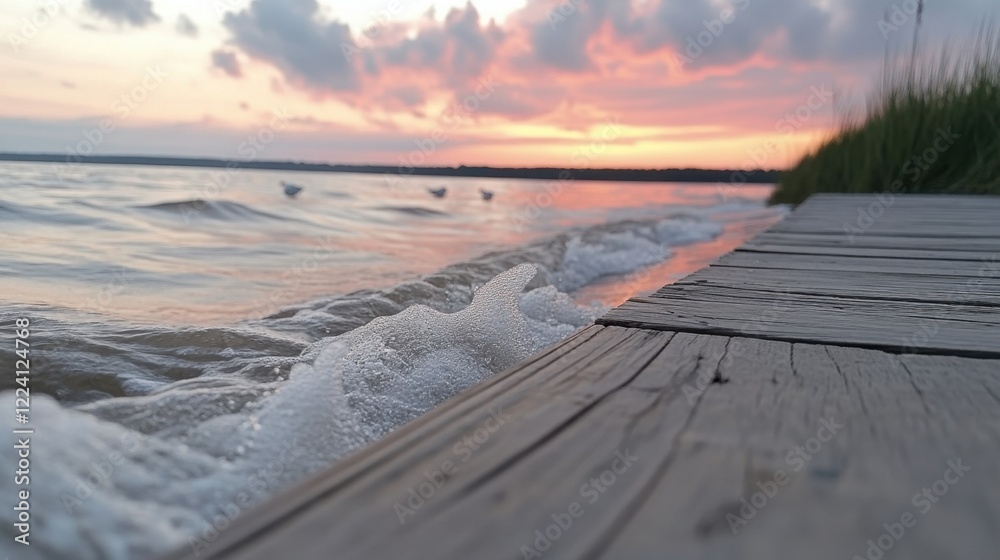 Serene Sunset Over Calm Water with Gentle Waves Lapping Against Wooden Dock Edge Serene Sunset Over Calm Water with Gentle Waves Lapping Against Wooden Dock Edge