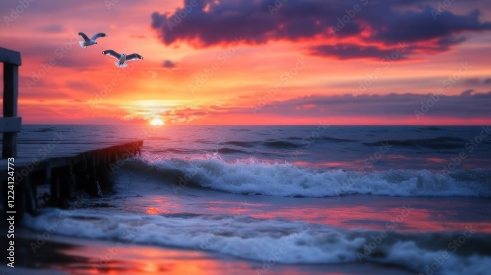 Serene Sunset Over Tranquil Ocean Waves With Seagulls in Flight at Dusk Serene Sunset Over Tranquil Ocean Waves With Seagulls in Flight at Dusk