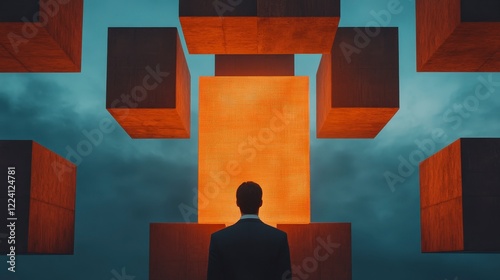 Surreal Scene with Businessman Facing Abstract Orange Structure and Floating Cubes