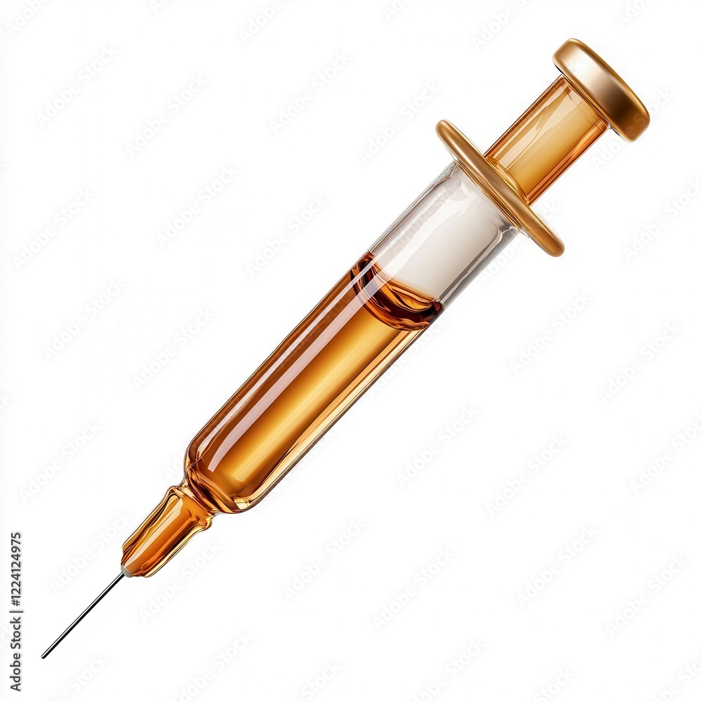 Amber Liquid Filled Syringe With Gold Plunger On White Background Amber Liquid Filled Syringe With Gold Plunger On White Background
