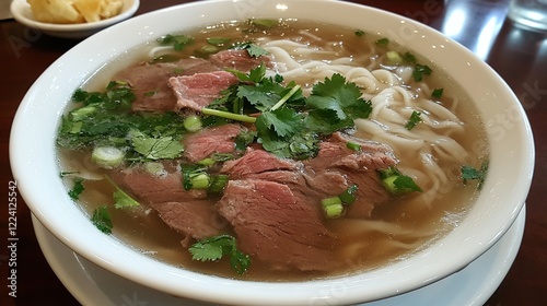 Restaurant beef noodle soup, cilantro garnish, wooden table, food blog