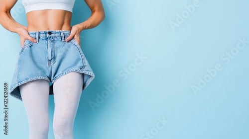 Stylish Woman in Denim Skirt and White Tights Posing Against Light Blue Background photo