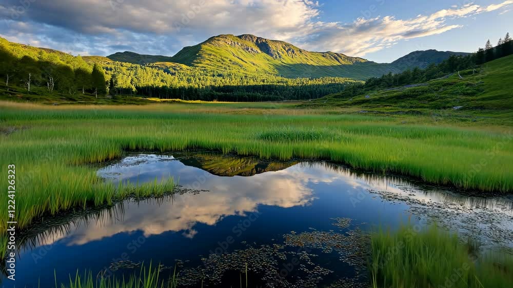 Breathtaking landscape showing serene lake reflecting mountains and clouds in a lush green valley during the golden hour Breathtaking landscape showing serene lake reflecting mountains and clouds in a lush green valley during the golden hour