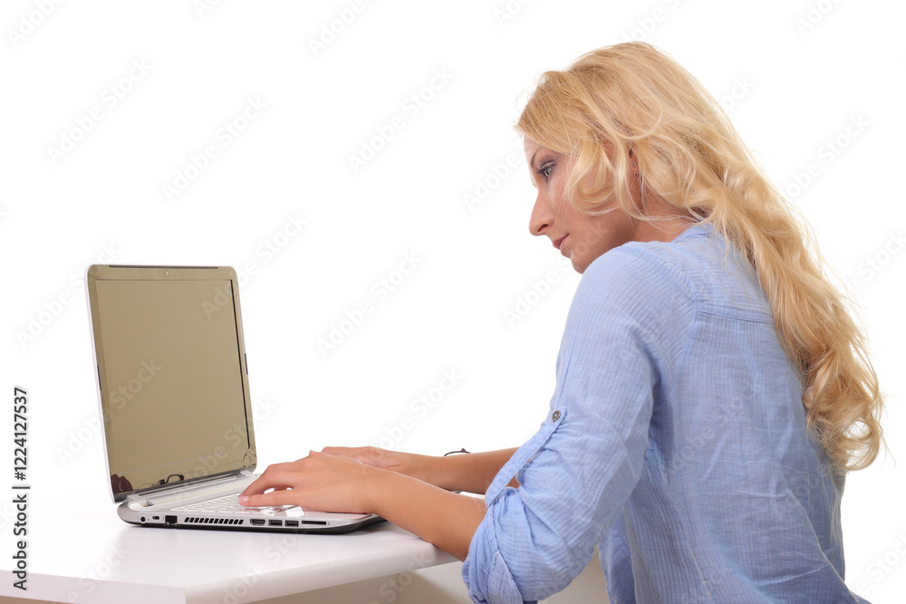 young beautiful businesswoman working on laptop in bright office young beautiful businesswoman working on laptop in bright office