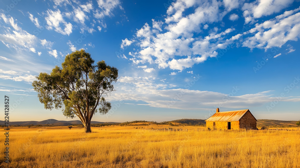 Scenic rural landscape with a lone tree and solitary house under a vast blue sky : Generative AI Scenic rural landscape with a lone tree and solitary house under a vast blue sky : Generative AI