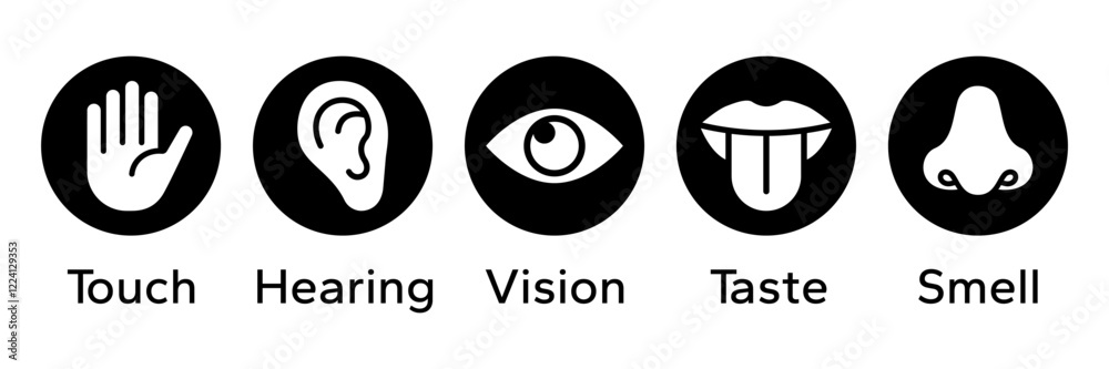 Human senses icon set. Vision eye, smell nose, hearing ear, touch hand, taste mouth with tongue. Simple line icons and black circle. Five senses of human nervous system. Vector illustration. Human senses icon set. Vision eye, smell nose, hearing ear, touch hand, taste mouth with tongue. Simple line icons and black circle. Five senses of human nervous system. Vector illustration.