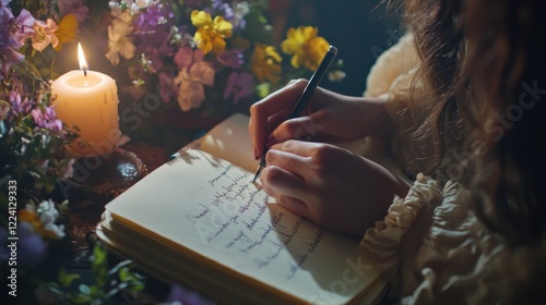 Woman writing in journal, floral display, candlelight, mystical ambiance