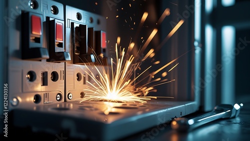 Malfunctioning circuit breaker panel with sparks, power surge, electrical hazards, and urgent repair needs

