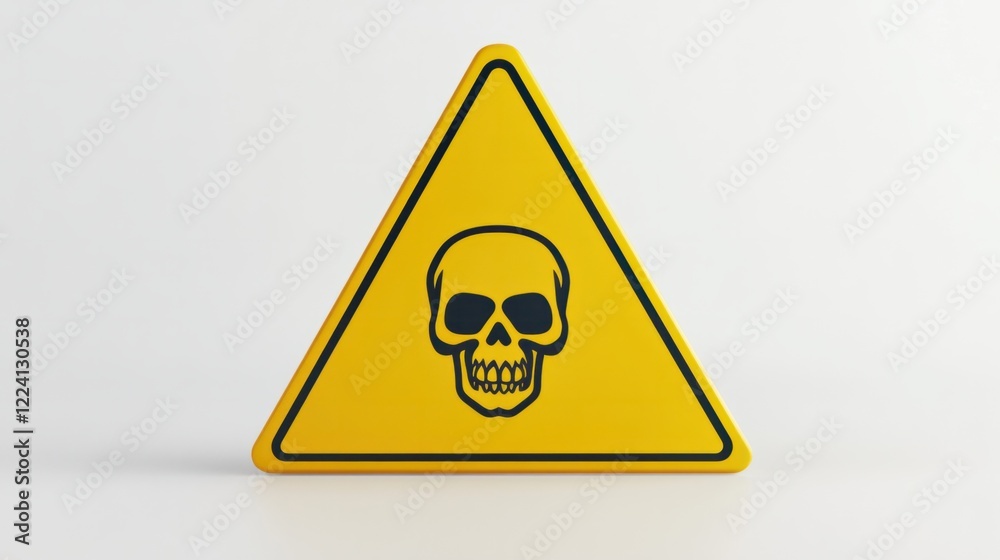 A dynamic 3D-rendered warning sign with a triangular yellow board, cartoonish skull symbol, and glossy finish, isolated on white A dynamic 3D-rendered warning sign with a triangular yellow board, cartoonish skull symbol, and glossy finish, isolated on white