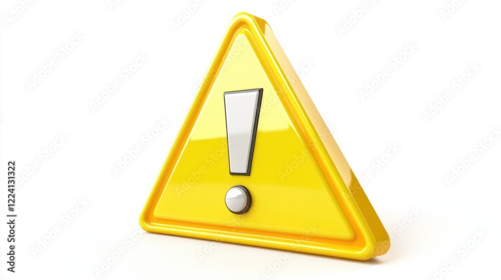 A glossy yellow triangular warning sign with a bold exclamation icon and a playful cartoonish look, on white A glossy yellow triangular warning sign with a bold exclamation icon and a playful cartoonish look, on white