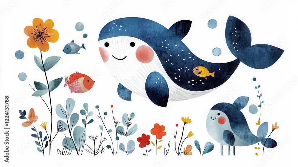 Fototapeta premium Whale cartoon illustration with colorful fish and flowers, perfect for kids coloring activities, sparking creativity and joy
