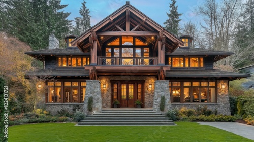 Luxury Mountain Lodge Home Exterior at Dusk: Majestic Timber Frame Architecture