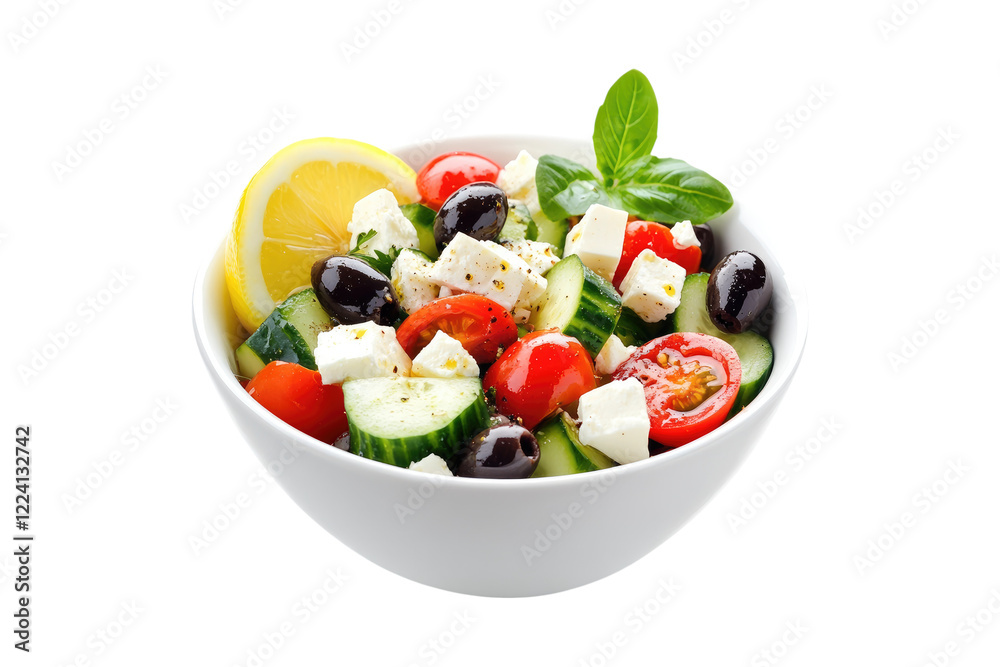Salad with feta cheese, cucumber, cherry tomatoes, olives and basil in a white bowl isolated on white or transparent, PNG Salad with feta cheese, cucumber, cherry tomatoes, olives and basil in a white bowl isolated on white or transparent, PNG