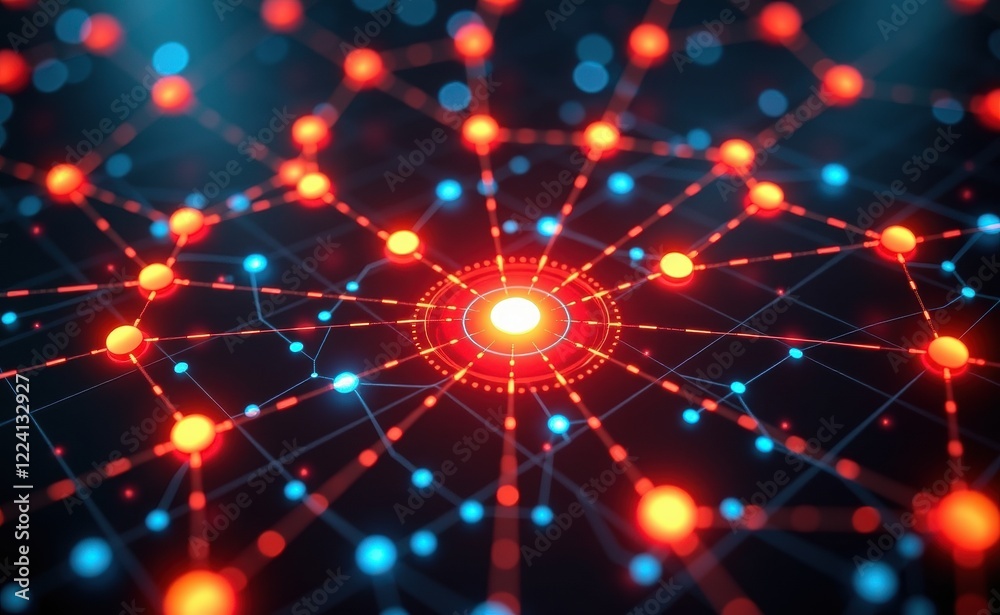 A vibrant 3D illustration of a molecular network with glowing blue and red nodes, symbolizing connectivity, innovation, and advanced technology concepts like AI, blockchain, and data structures.