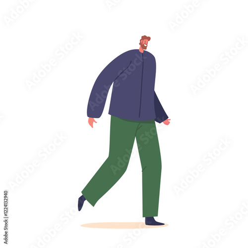 Walking Male Character. Adult Bearded Man Strolling With A Confident Stride, Exuding A Sense Of Purpose, Illustration