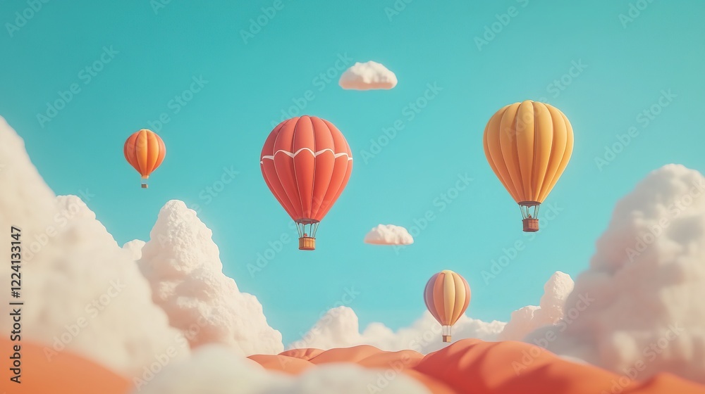 Fototapeta premium Colorful hot air balloons soar above fluffy cloudscape