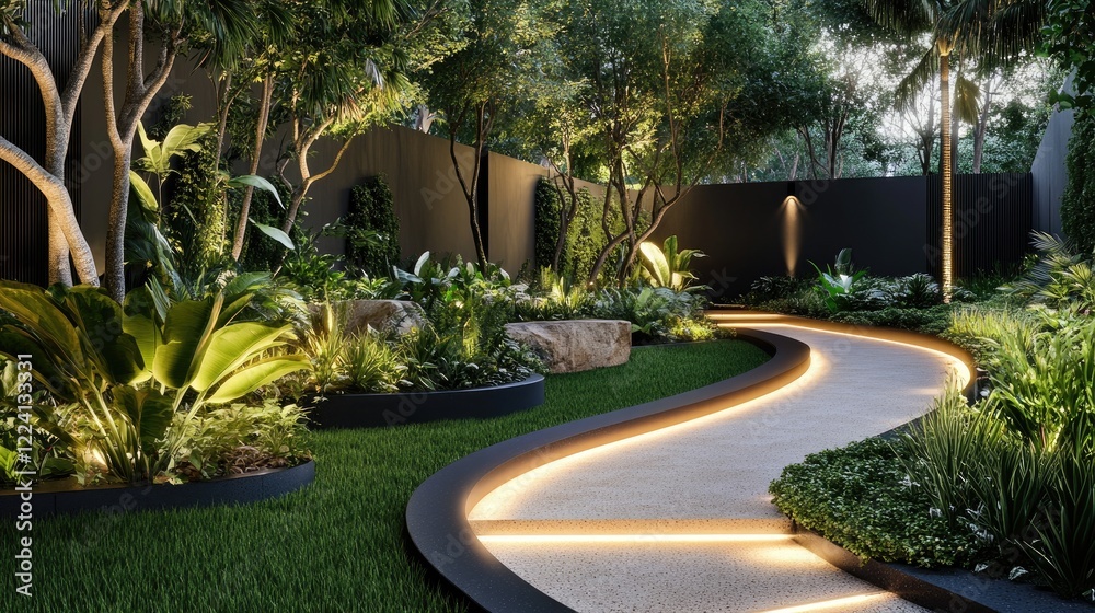 Obraz premium A clean, modern pathway winding through a lush garden, bathed in soft, warm lighting, enhancing the architectural lines and inviting ambiance
