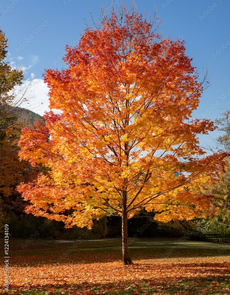 Naklejka premium autumn trees in the park, maple, grass, orange, colorful, red, beautiful, color, 