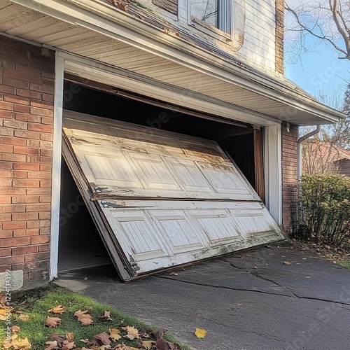 A garage door that has gone off the rails and is in need of repair