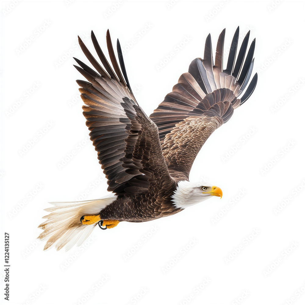 Obraz premium Majestic bald eagle in flight on white background, showcasing detailed feathers and powerful wingspan