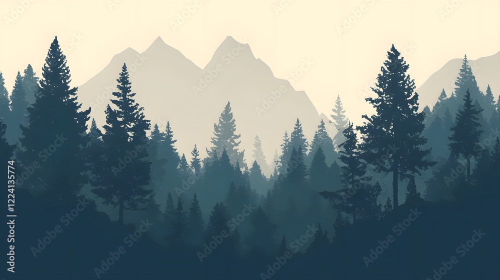 Obraz premium A vector silhouette illustration of a mountain range with trees, offering a minimalist design for natural landscapes