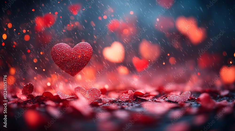Vibrant red hearts falling in motion on colorful saint valentine banner background, hyper-realistic high-resolution photography Vibrant red hearts falling in motion on colorful saint valentine banner background, hyper-realistic high-resolution photography