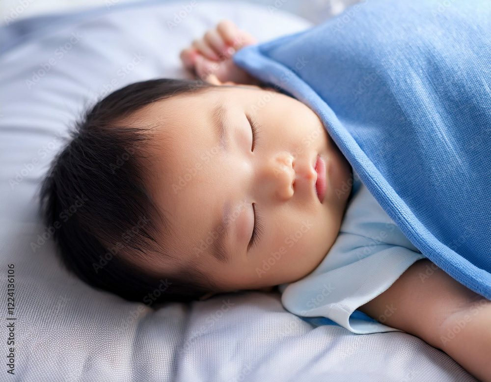 ベビーベッドに横たわり毛布をかけて眠る新生児の赤ちゃん 育児・成長・子育てのイメージ ベビーベッドに横たわり毛布をかけて眠る新生児の赤ちゃん 育児・成長・子育てのイメージ