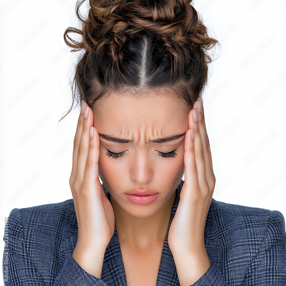 Fototapeta premium Young woman showing signs of stress with hands on her head in a serious expression of discomfort